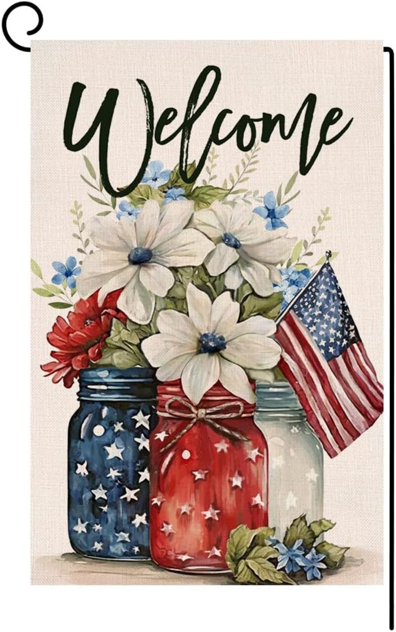 4th of July Floral Garden Flag 12x18 Vertical Double Sided Patriotic Mason Jar Flowers Red Blue Memorial Day Independence Day Holiday Outside Decorations